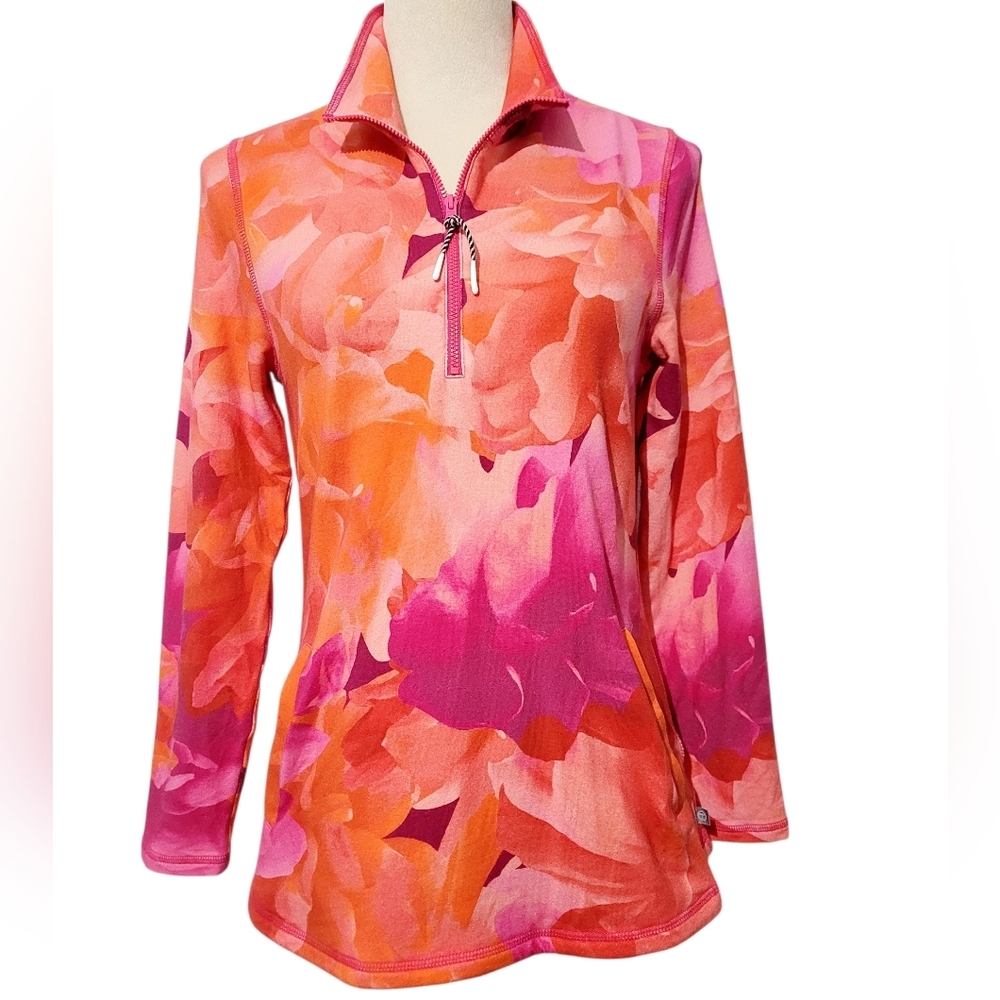 Talbots Size XS 1/4 Zip Pullover Pink Orange Floral Stretch Top Pockets Golf - Picture 3 of 14